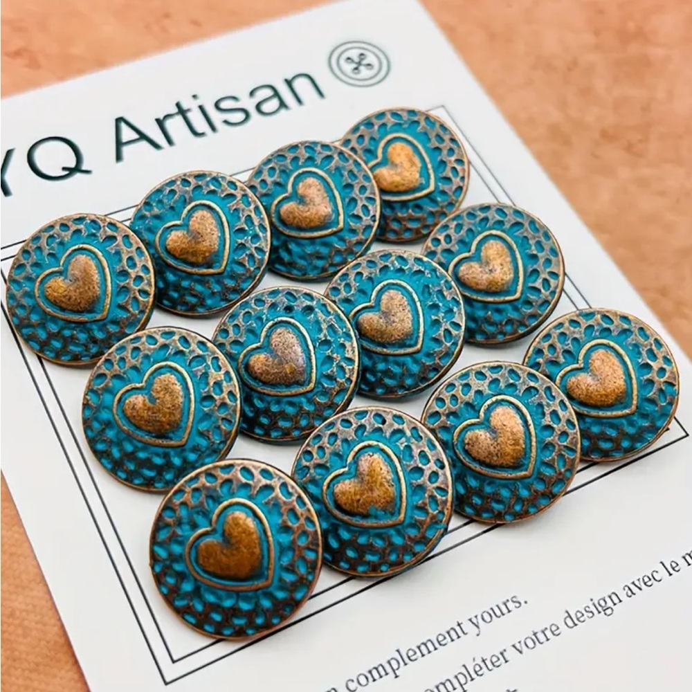 BUTTONS 🤎 12 Pcs Bronze and Turquoise Heart Buttons ~ Hand Painted